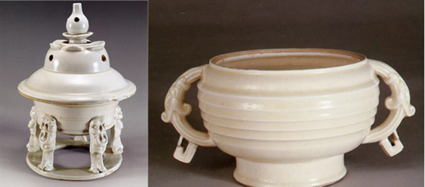 收藏于定州博物館的宋代定窯五獸足熏爐（左），中國臺(tái)北故宮博物院收藏的定窯簋式爐（右）